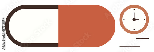 Healthcare, time management, medication schedule, adherence, treatment, pharmaceutical care. Image of a pill next to a clock icon. Healthcare and time management for prescription schedules