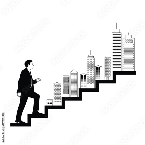 a man in a business suit climbing steps to a city skyline