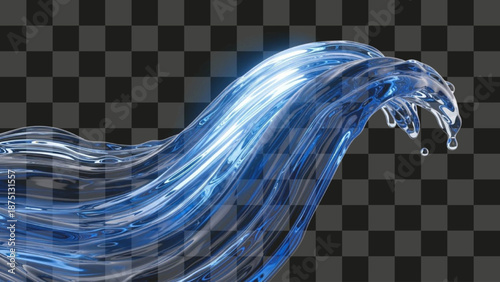 Water Splash Dynamic Wavy Liquid Flow Realistic Glossy CGI Illustration Reflective Transparent Blue Effect