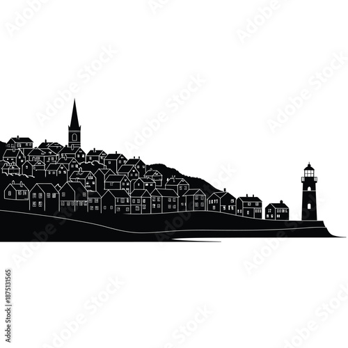 black silhouette of a coastal town with a lighthouse