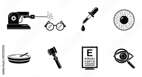 Eye care and vision testing medical icons set