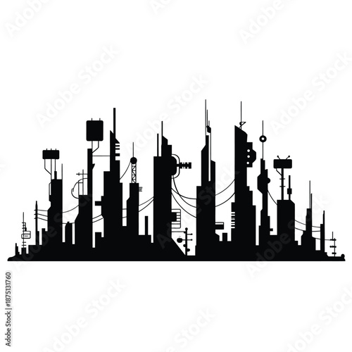 city skyline with tall buildings and antennas silhouette