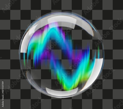 Clear Sphere translucent glass orb encapsulating flowing spectral light beam illustration on transparency grid.