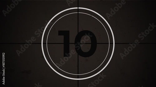 15 seconds old movie countdown with authentic film leader look, including subtle flicker, grain, dust and scratches. Suitable for trailers, title sequences, and vintage-style video projects.