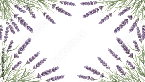 Border of tender watercolor lavender flowers border on transparent background, AI generated