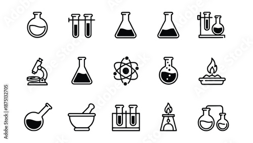 A collection of various laboratory equipment and science icons on a white background