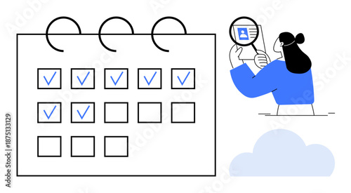 Task management concept. Task organization with calendar grid, check marks, and user analyzing details. Task management improves productivity, schedules, and project tracking. For office, education