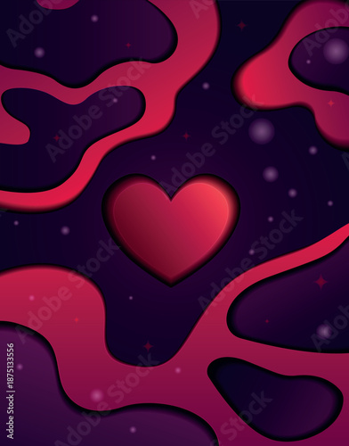 Neon layered heart background in dark purple and red paper-cut style