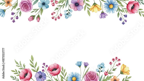 Border of delicate multicolored  flowers, watercolor illustration for design.