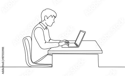 Professional man diligently working on laptop at office desk continuous line drawing illustration