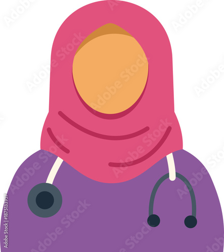 Portrait of a muslim female doctor wearing a pink hijab and purple scrubs, embodying diversity and inclusion in healthcare