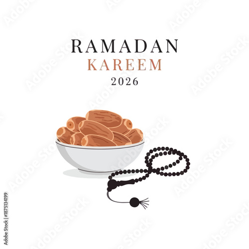 Healthy Dates in a Bowl with Islamic Prayer Beads for Ramadan Kareem 2026 Iftar Tradition, Isolated on White Background