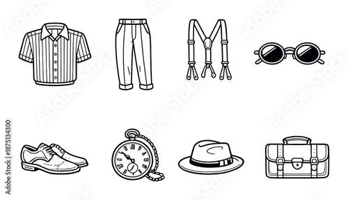 Vintage men's fashion icons: shirt, trousers, accessories, and shoes on a black background