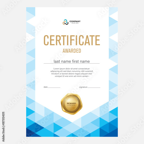 Certificate design, creative geometric background with triangles, award diploma template, certificate.