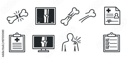 Medical imaging and diagnosis icons for bone fractures and patient records