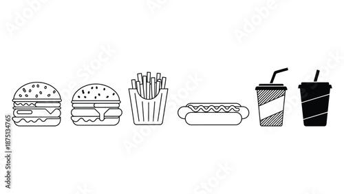 A set of black and white illustrations of fast food items