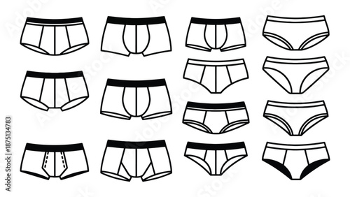 A collection of various underwear styles and designs on a white background