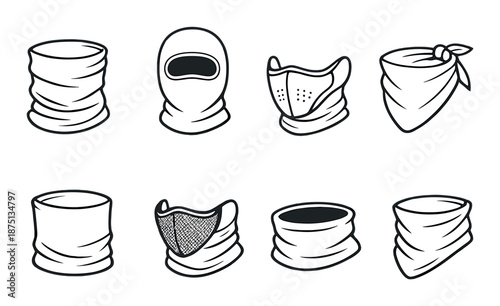 Different styles of face coverings and masks on gray background
