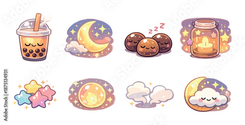 Cute kawaii style stickers featuring boba tea and celestial elements with stars and clouds