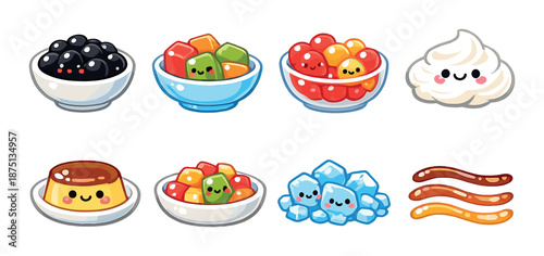 Cute cartoon sweets and desserts with smiling faces
