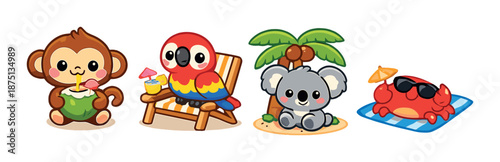 Cute cartoon animals enjoying tropical vacation with parrot, monkey, koala, and crab
