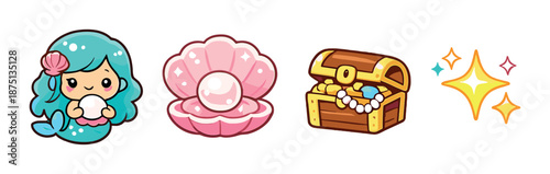Cute mermaid, pearl, treasure chest, sparkles - ocean fantasy icons