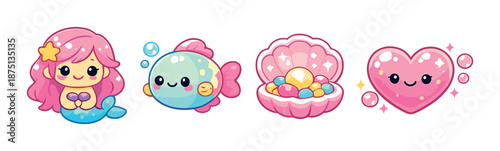 Cute cartoon mermaid, fish, shell, and heart characters with sparkles