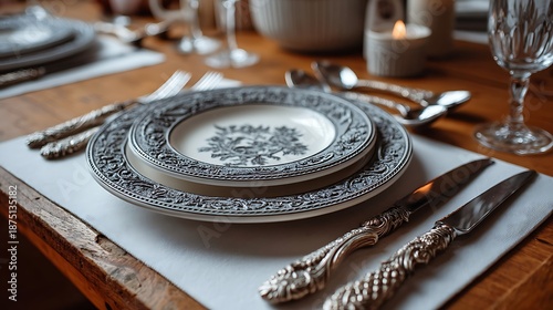 A detailed close-up of an ornate plate resting atop a crisp white place mat, surrounded by elegant cutlery on a charming wooden table.