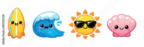 Cute ocean-themed characters: surfboard, wave, sun, and seashell with faces