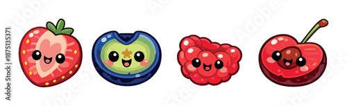 Cute cartoon fruits with kawaii faces on gradient background
