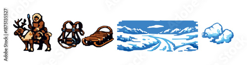 Pixel art: arctic expedition with explorer on reindeer and snowy landscape