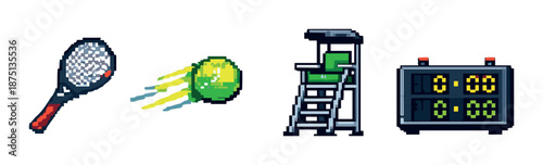 Pixel art tennis icons: racket, ball, umpire chair, scoreboard