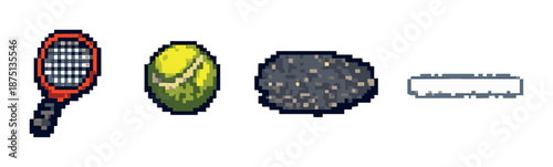 Pixel art tennis icon set with racket, ball, court, and net