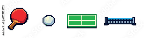 Retro pixel art of table tennis equipment icons on gradient background