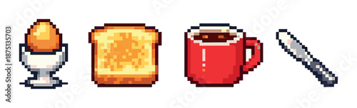 Pixel art breakfast with soft-boiled egg, toast, coffee mug, and knife on gradient background