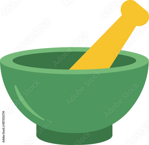 Green mortar and pestle with yellow pestle on white background kitchenware tool