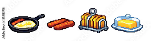 Pixel art breakfast: eggs, sausages, toast, butter in retro style