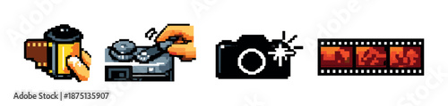Retro pixel art cameras with film roll and photos on dark background