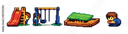 Pixel art playground scene with child: slide, swing, sandbox adventure