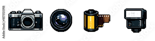 Pixel art icons: vintage camera, lens, film roll, flash on gradient background