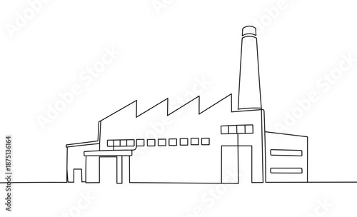 Factory building continuous line drawing industrial structure with tall chimney and sawtooth roof design simple art