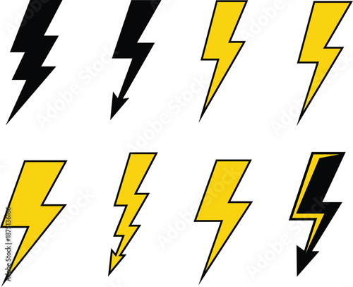Free Download Eight stylized lightning bolt in black and yellow on a white background electricity power - GFXLoad