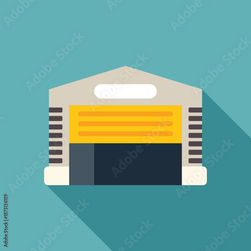 Closed yellow rolling shutter door of a storage warehouse building with long shadow on turquoise background