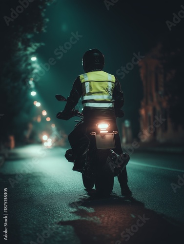 Motorcyclist wearing reflective vest rides through dimly lit city street at night, emphasizing safety and urban exploration.