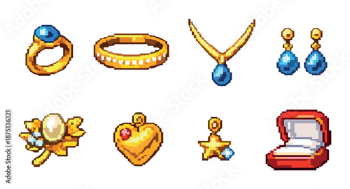 Pixel art jewelry collection featuring rings, necklace, earrings, pendants, and red box