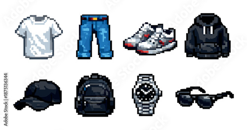 Pixel art clothing set with t-shirt, jeans, sneakers, and accessories
