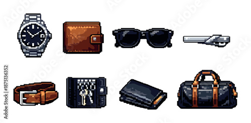Pixel art male accessories collection: watch, wallet, sunglasses, and more