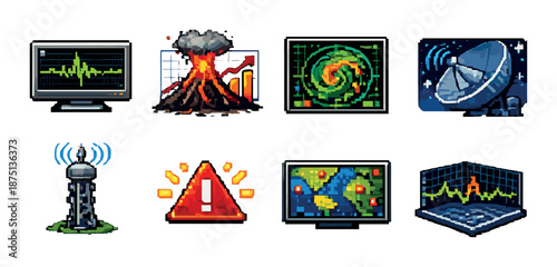 Pixel art icons of natural disaster monitoring and communication technology