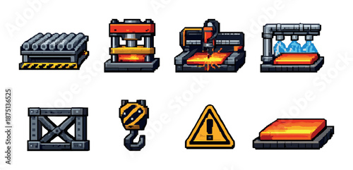 Pixel art industrial icons: machinery, safety, and metalwork symbols