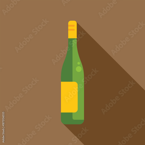 Closed green wine bottle with blank yellow label casting long shadow on brown background, simple flat vector illustration